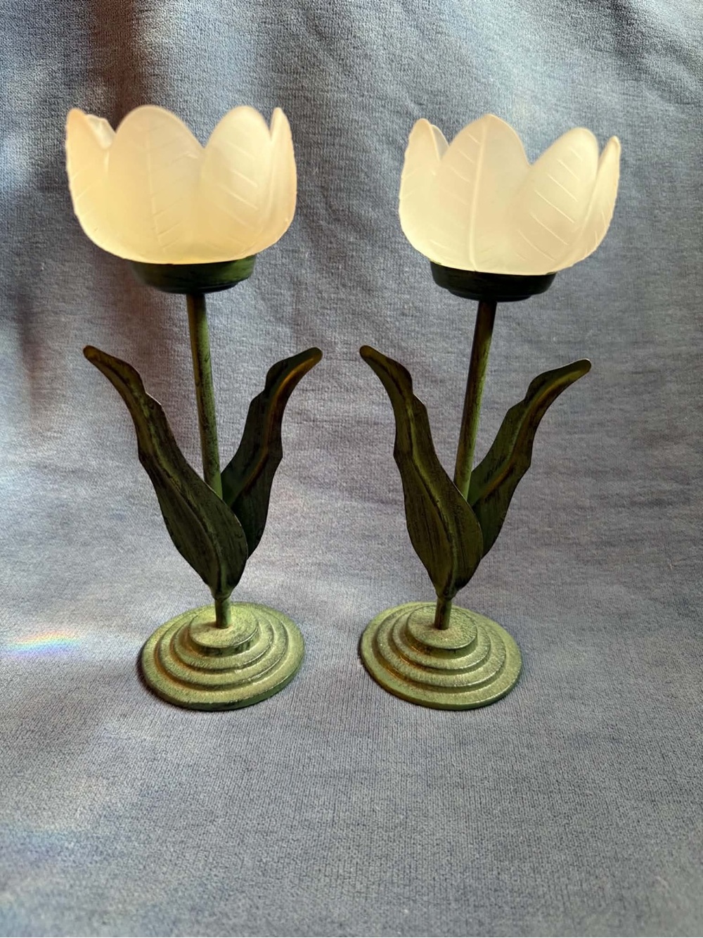 Green Metal Tulip Candle Holders with White Glass Shades - Set of 2